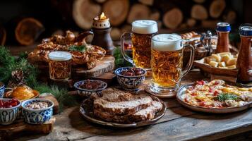 A table with beer and food on it photo