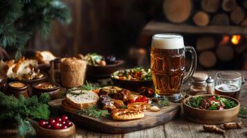 A table with food and beer on it photo