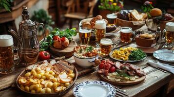 A table with food and beer on it photo