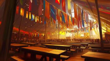A tent with tables and benches inside photo