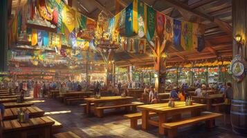 The interior of a tavern with many flags photo