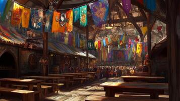 The inside of a tavern with lots of tables and chairs photo