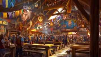 A Crowded Tavern with Wooden Tables and Benches photo