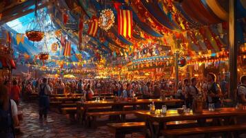 A Festive Medieval Market Scene with Crowds, Flags, and Tables photo