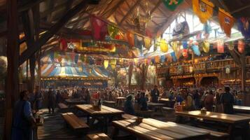 A Medieval Market Hall Filled with People and Festive Flags photo
