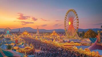 Illuminated Ferris Wheel and Crowds at an Amusement Park During Sunset photo
