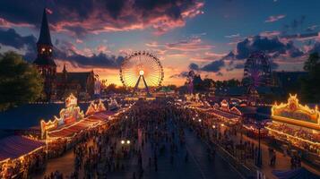 Illuminated Amusement Park at Sunset with Ferris Wheel and Crowds photo
