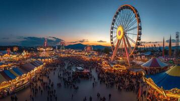 Illuminated Ferris Wheel and Carnival Rides at Dusk photo