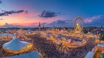 A Crowded Amusement Park at Sunset with a Ferris Wheel photo