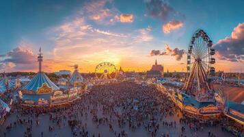 Sunset Over a Crowded Amusement Park with Ferris Wheels photo