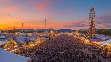 Sunset Over a Crowd at a Carnival with a Ferris Wheel photo