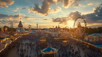 A bustling carnival at sunset with a large crowd, multiple rides, and colorful tents. photo