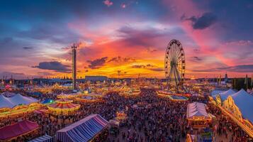 Illuminated Amusement Park at Sunset with Ferris Wheel photo