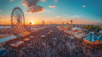 A Vibrant Sunset Over a Crowded Amusement Park photo