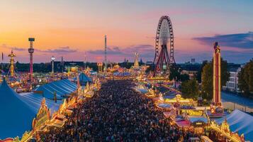 Illuminated Amusement Park at Dusk with Crowds of People photo
