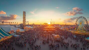 Sunset over a bustling carnival with a Ferris wheel, rides, and crowds of people photo