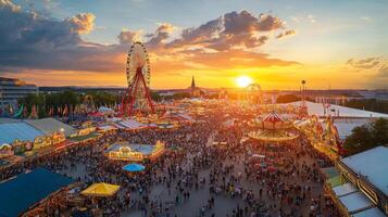 Aerial View of a Crowded Amusement Park at Sunset photo