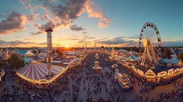 Aerial View of a Crowded Amusement Park at Sunset photo