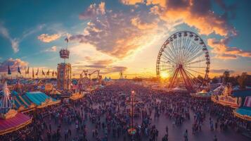 Ferris Wheel and Amusement Park at Sunset with Crowd photo