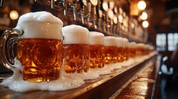 Row of Beer Mugs with Foamy Tops on a Wooden Counter photo