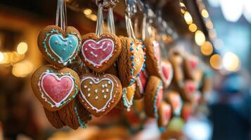 Heart-Shaped Gingerbread Cookies Hanging in a Market Stall photo