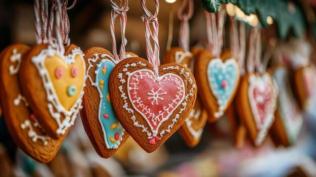 Decorated Heart-Shaped Gingerbread Cookies Hanging From Strings photo