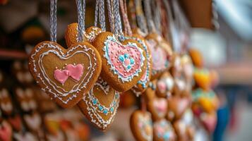 Decorated Heart-Shaped Gingerbread Cookies Hanging From Strings photo
