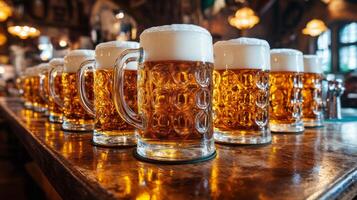 A row of full beer steins on a bar counter photo