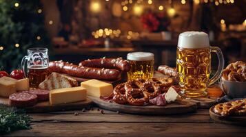German Beer, Pretzels, Sausage, and Cheese on a Wooden Table photo