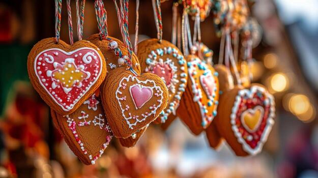 Heart-Shaped Gingerbread Cookies Hanging From Strings photo