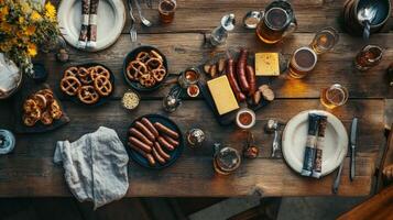 Rustic Table Setting with Beer, Pretzels, Sausages, and Cheese photo