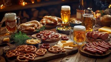 A Rustic Spread of Beer, Pretzels, Cheese, and Sausage photo