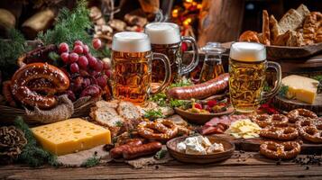 A Rustic Table Spread of Beer, Pretzels, and Appetizers photo