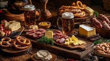 A Rustic Table Spread with Beer, Pretzels, Cheese, and Sausage photo
