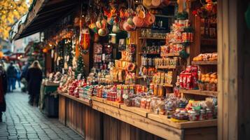Wooden Stall Displaying Various Products at a Christmas Market photo