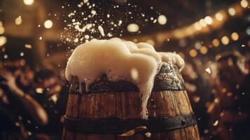 Wooden Barrel Overflowing with Frothy Beer in Festive Setting photo