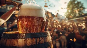 Pouring Beer From a Tap Into a Glass Over a Wooden Barrel photo