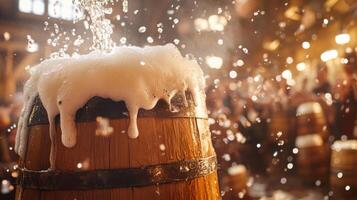 Overflowing Beer in a Wooden Barrel with Sprinkles photo
