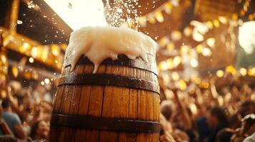 Wooden Barrel Overflowing With Beer Foam at a Party photo