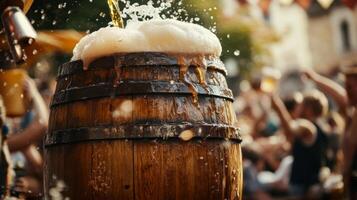 Golden Liquid Pouring Into A Wooden Barrel With Foam photo