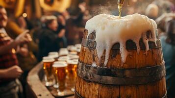Beer Being Poured into a Wooden Barrel with Frothy Head photo