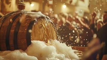 Beer Pouring from Wooden Barrel with Foamy Head photo