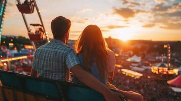 Couple Embracing at Sunset with Ferris Wheel in the Background photo