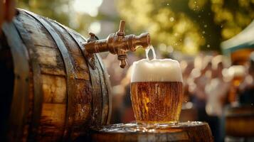 Beer Pouring from a Wooden Barrel into a Glass photo