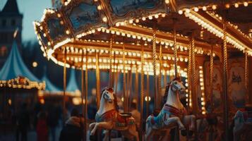 A White Carousel Horse in Motion Under Golden Lights photo