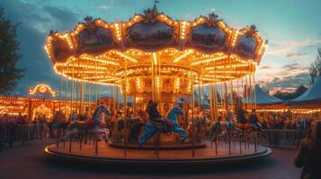 Illuminated Carousel at Twilight with People Watching photo