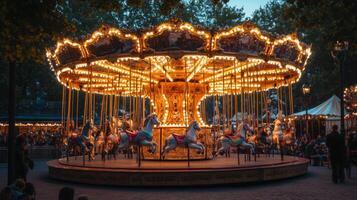 Illuminated Carousel with Horses at a Nighttime Amusement Park photo