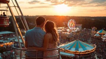 Couple Embracing on a Ferris Wheel Ride at Sunset photo