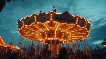 Illuminated Carousel at Twilight with People Riding photo