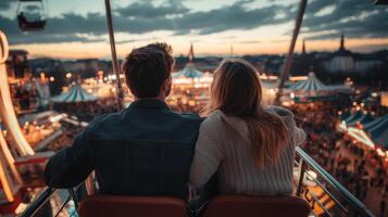 Couple in a Ferris Wheel Gondola Enjoying a Cityscape View photo